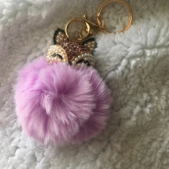 Rhinestone Fox Furry Pom Pom Pearl Keychain Purse - Picture 2 of 4